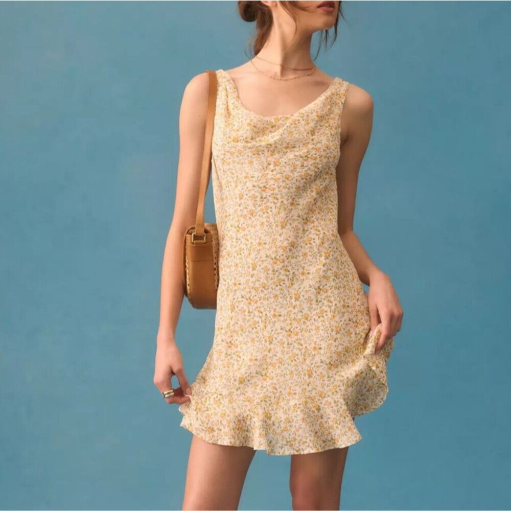 Reformation Rudie Dress 0 Yellow Floral Cowl Neck Ruffle Hem Slip Mini Sundress